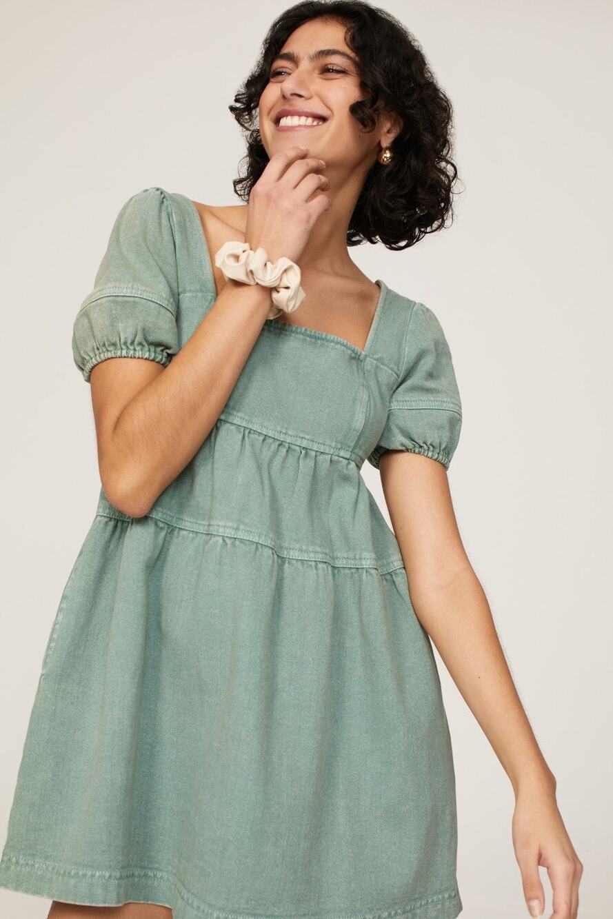 LOUNA Women's Green Denim Cotton Blend Empire Square Neck Mini Dress Size Small